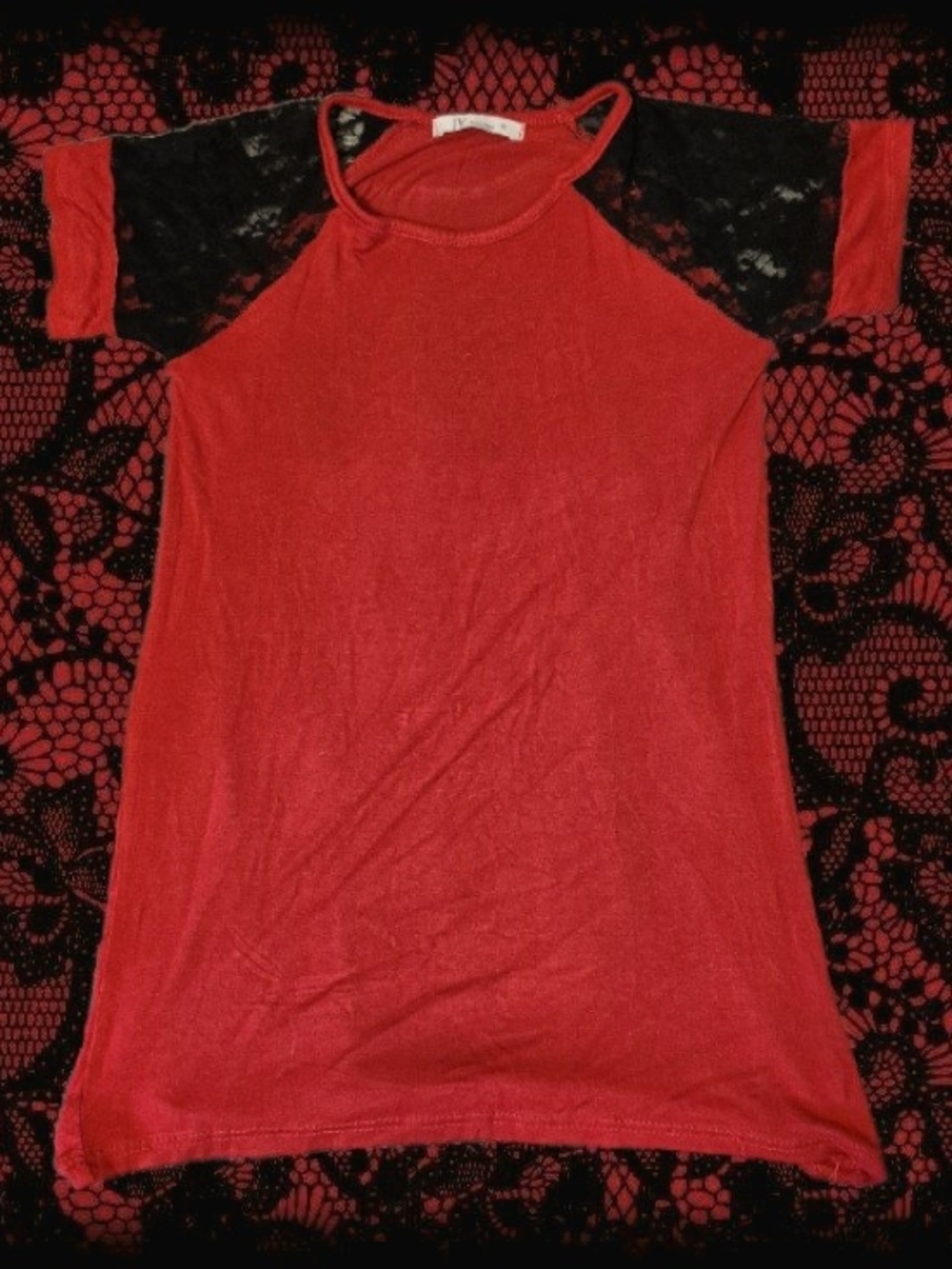 red and black top with lace sleeves